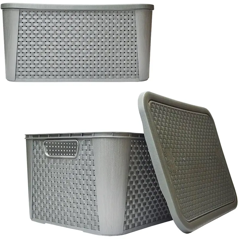 CESTO CAIXA ORGANIZADOR DE PLASTICO RETANGULAR RATTAN COM TAMPA + ALCA CINZA / PRATA Nº3 38X28X19CM