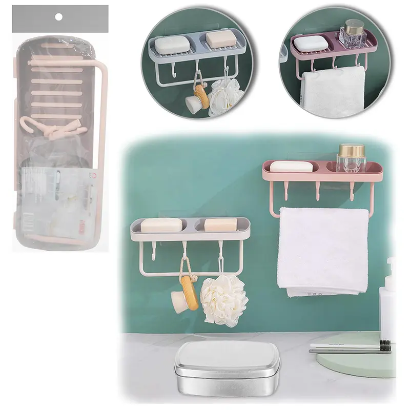 SUPORTE PORTA TOALHA E SABONETEIRA DE PAREDE DE PLASTICO DUPLA RETANGULAR COM 4 GANCHOS + AUTOADESIVO