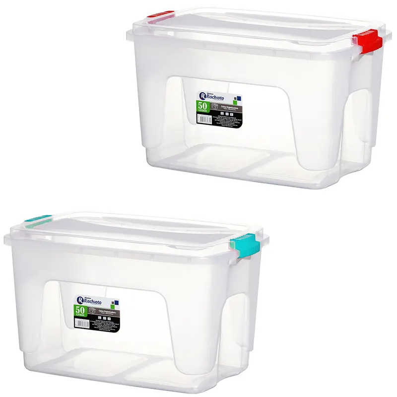 CAIXA ORGANIZADOR CONTAINER DE PLASTICO RETANGULAR COM TRAVA COLORS 50L 59X38X34CM
