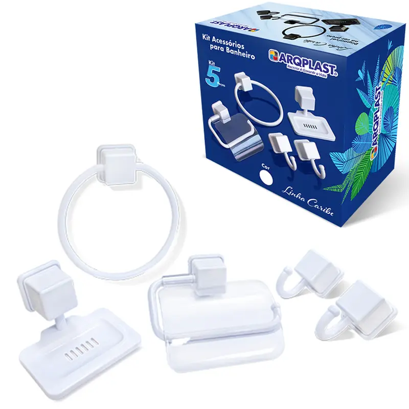 JOGO DE BANHEIRO DE PLASTICO COM PORTA TOALHA + ACESSORIOS CARIBE BRANCO 5 PECAS