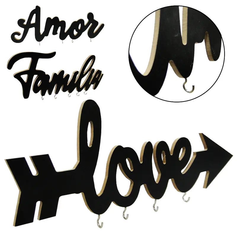 PORTA CHAVE DE MADEIRA MDF AMOR / FAMILIA / LOVE COM 4/5 GANCHOS DE METAL 29,5X13CM