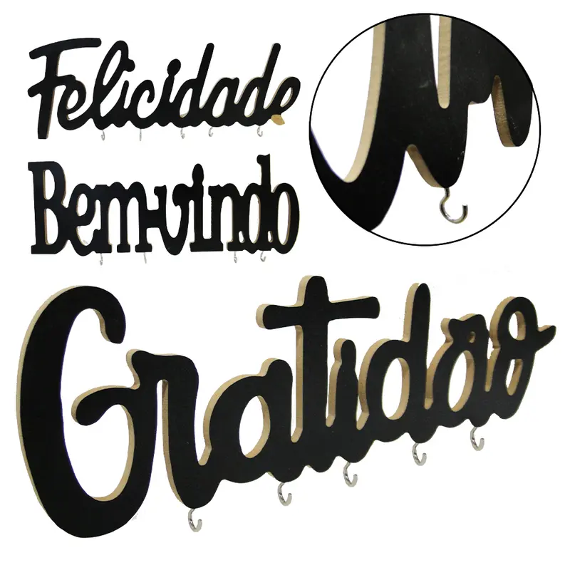 PORTA CHAVE DE MADEIRA MDF BEM VINDO / FELICIDADE / GRATIDAO COM 5 GANCHOS DE METAL 29,5X11CM