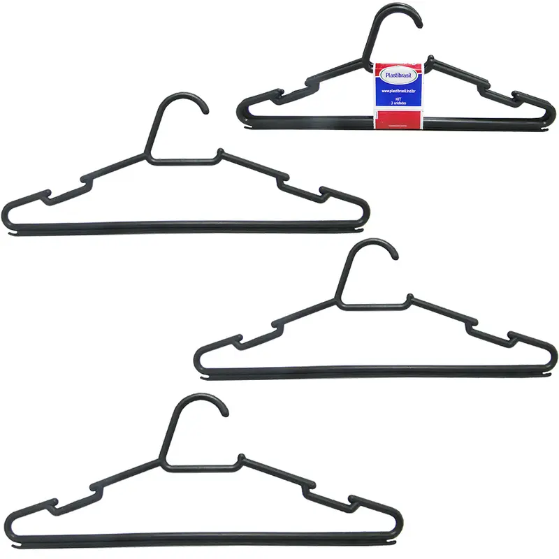CABIDE ROUPA DE PLASTICO POP COM CAVA PRETO COM 3 PECAS 38X14,5CM 6MM