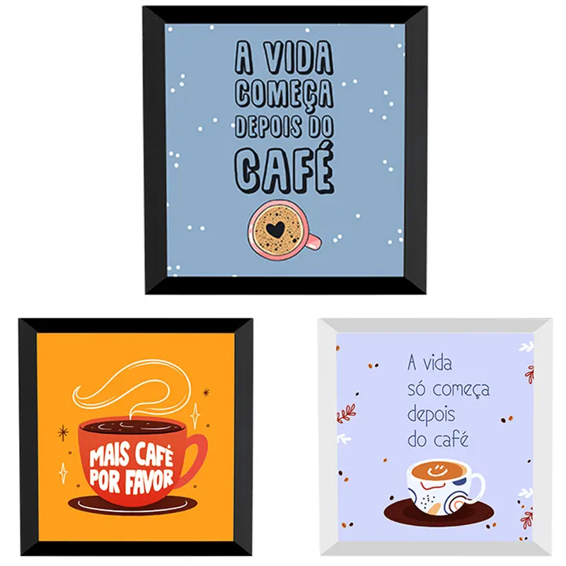 QUADRO DECORATIVO 25X25CM COM MOLDURA DE PLASTICO FRASES CAFE PRETO / BRANCO