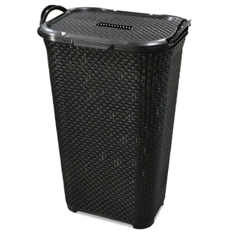 CESTO DE PLASTICO RETANGULAR PARA ROUPA RATTAN COM TAMPA E ALCA PRETO 61X40X30CM