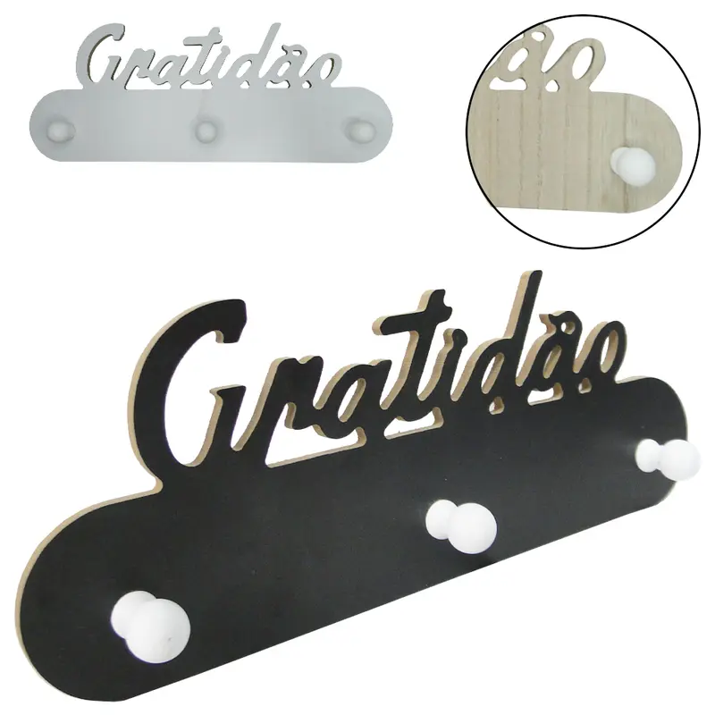 PORTA CHAVE / CABIDEIRO DE MADEIRA MDF GRATIDAO COM 3 GANCHOS COLORS 30X11,5CM