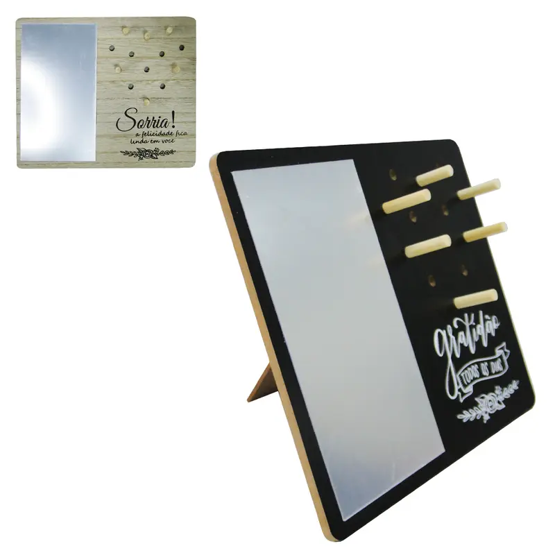 ESPELHO DE MESA RETANGULAR E PORTA JOIAS COM 6 GANCHOS DE MADEIRA MDF 24X20CM
