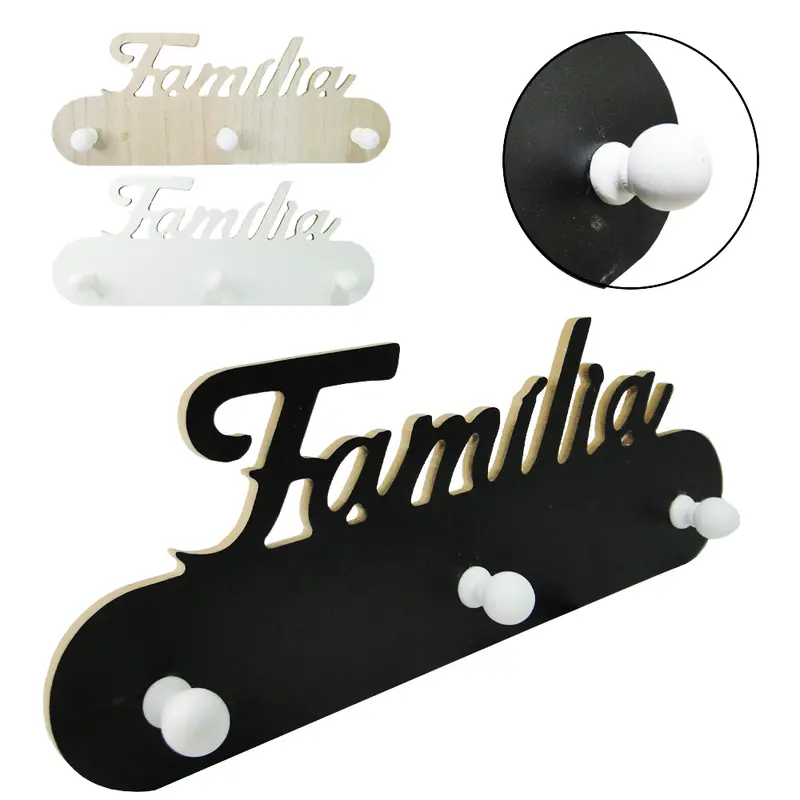 PORTA CHAVE / CABIDEIRO DE MADEIRA MDF FAMILIA COM 3 GANCHOS COLORS 30X11,5CM