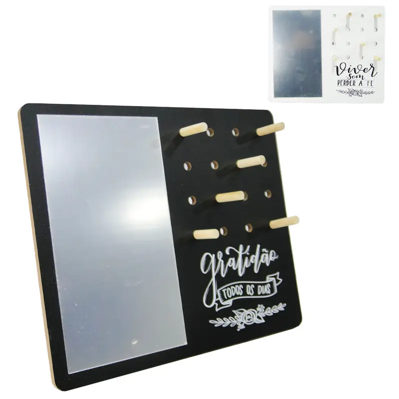ESPELHO DE MESA RETANGULAR E PORTA JOIAS COM 6 GANCHOS DE MADEIRA MDF 24X20CM