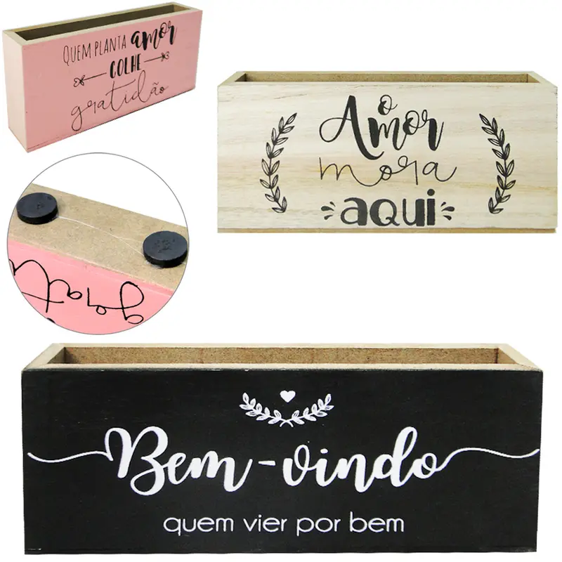 PORTA CHAVE DE MADEIRA MDF MAGNETICO FRASES SORTIDAS 16X7X3CM