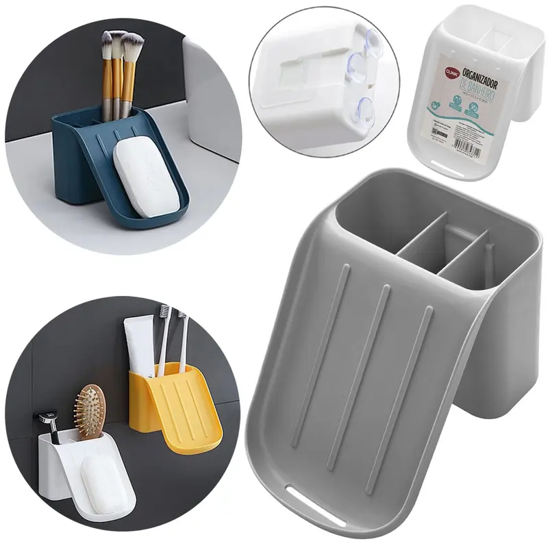 ORGANIZADOR / SABONETEIRA / PORTA ESCOVA DE PIA / PAREDE PLASTICO 3 VENTOSAS + AUTOADESIVO 14,5X10,3X9,3CM