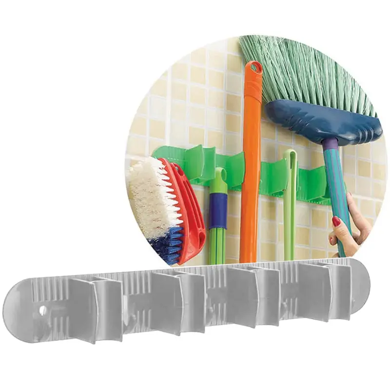 SUPORTE PORTA VASSOURA COM 4 ENCAIXES E 5 GANCHOS DE PLASTICO BRANCO 34X5X5CM