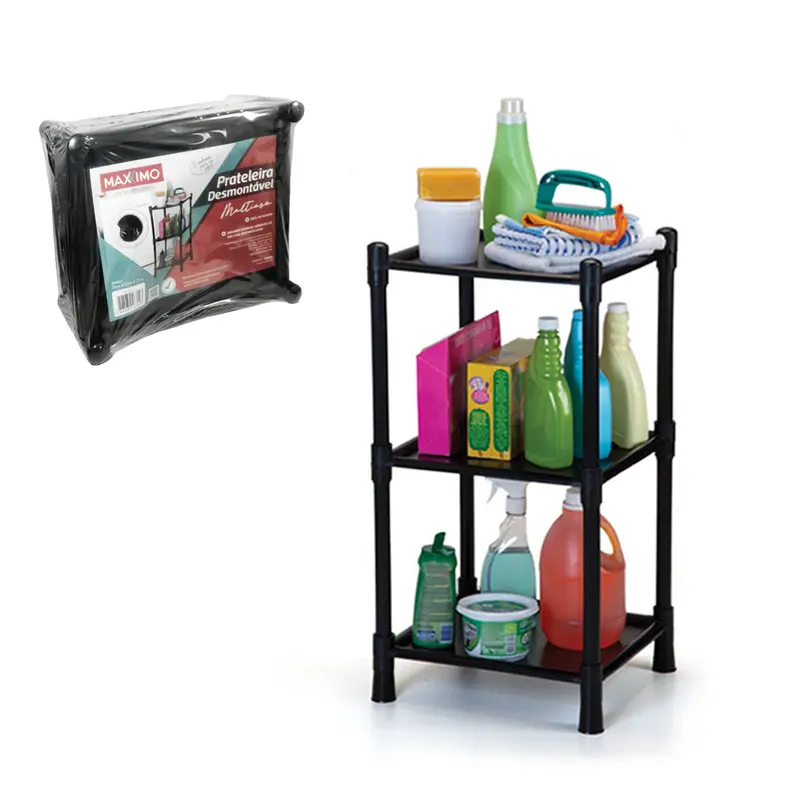 PRATELEIRA DE PLASTICO RETANGULAR COM 3 ANDARES PRETO 71X36X32CM