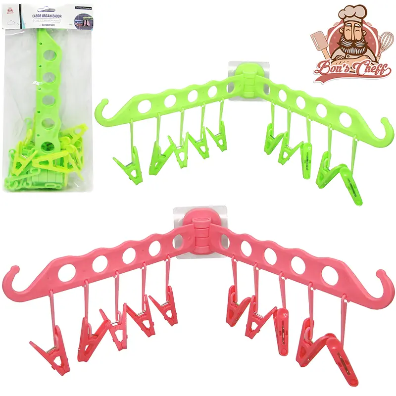 CABIDE ORGANIZADOR DE ROUPAS DE PLASTICO AUTOADESIVO COM 10 PRENDEDORES 48X14CM
