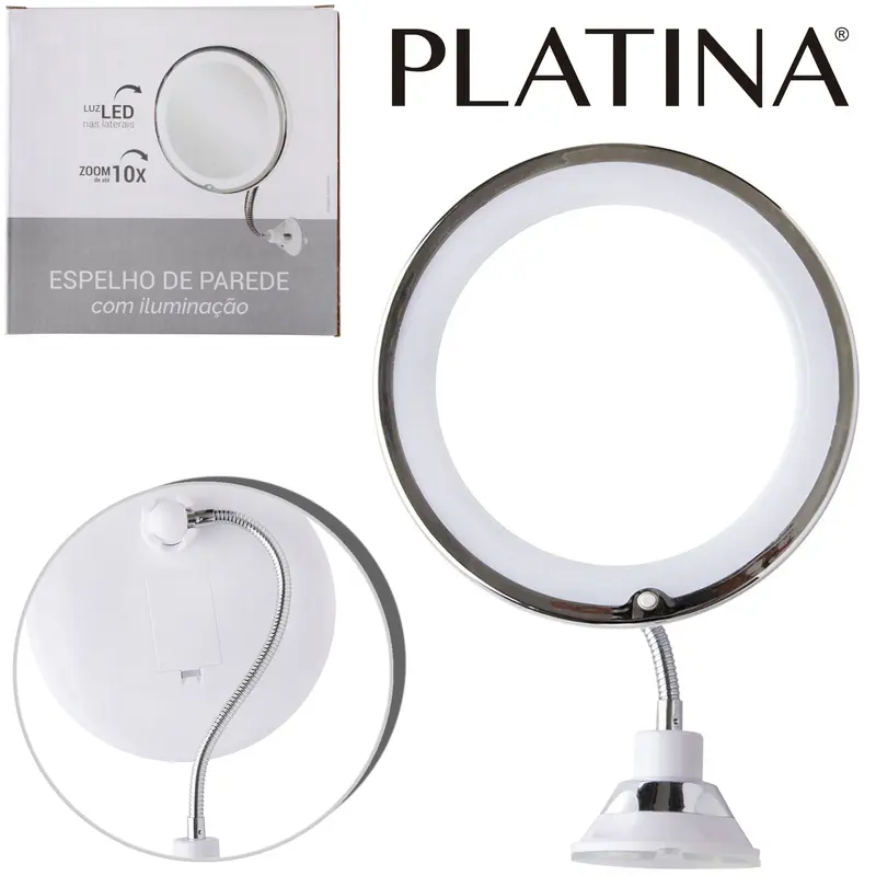 ESPELHO DE MESA / PAREDE FLEXIVEL 360º COM LED + VENTOSA AUMENTA 10X A PILHA PLATINA 41,5X17,5CM DE Ø