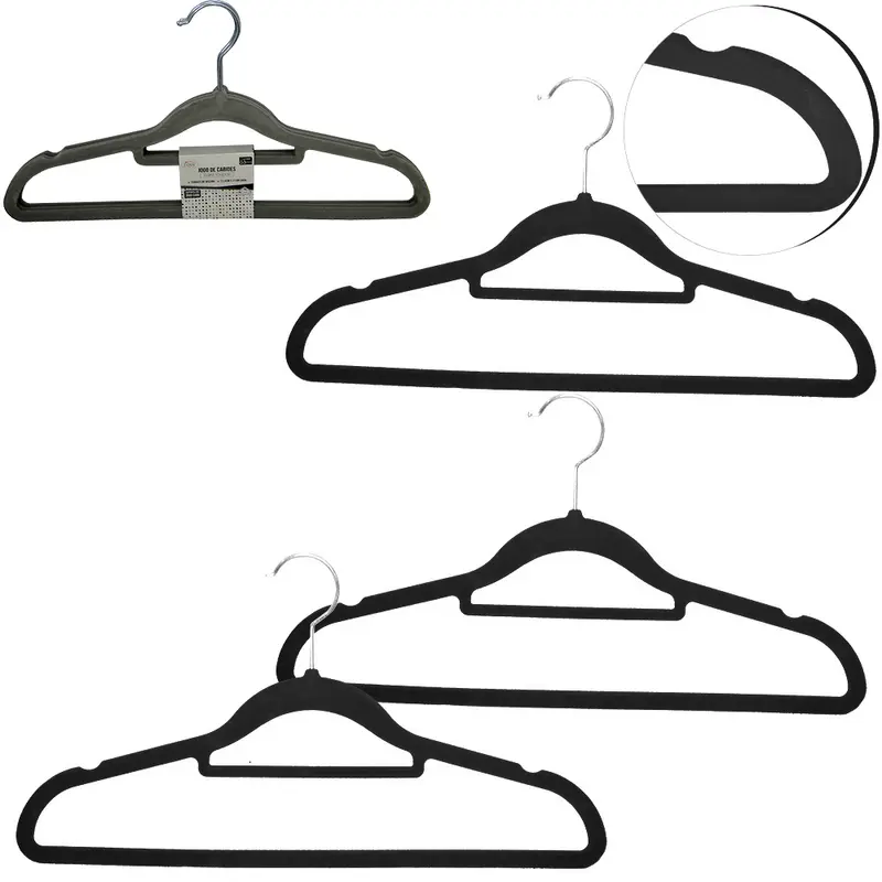 CABIDE ROUPA DE PLASTICO REVESTIDO EM VELUDO COM CAVA PRETO 3 PECAS 41X21,5CM 5MM