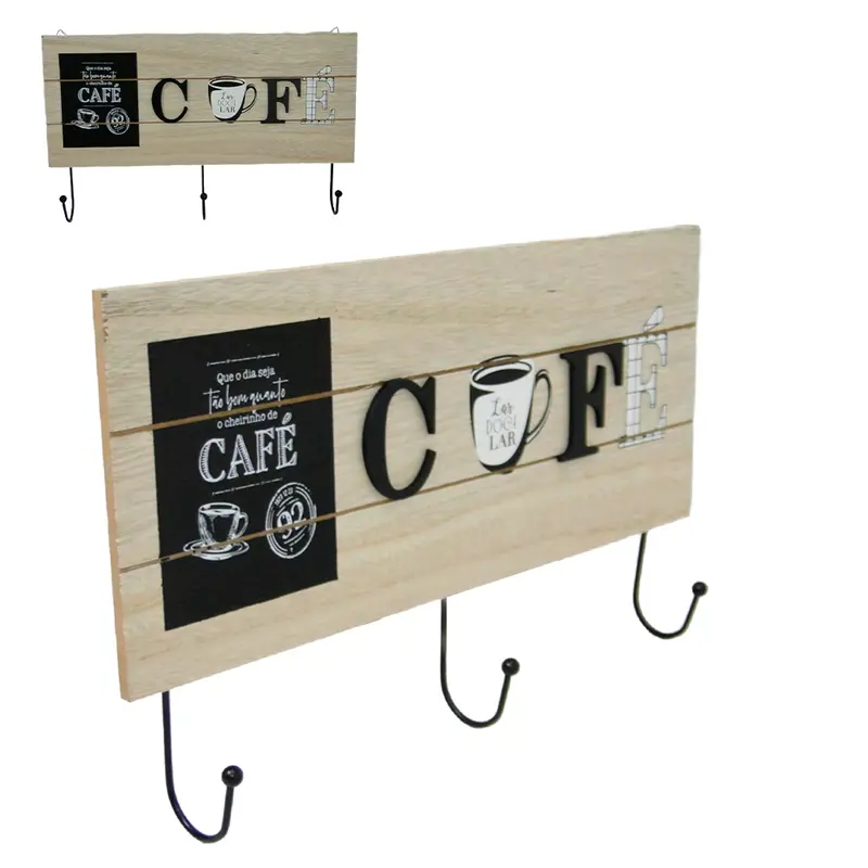 PORTA CHAVE / PANO DE MADEIRA CAFE COM 3 GANCHOS DE METAL 34X21,5CM