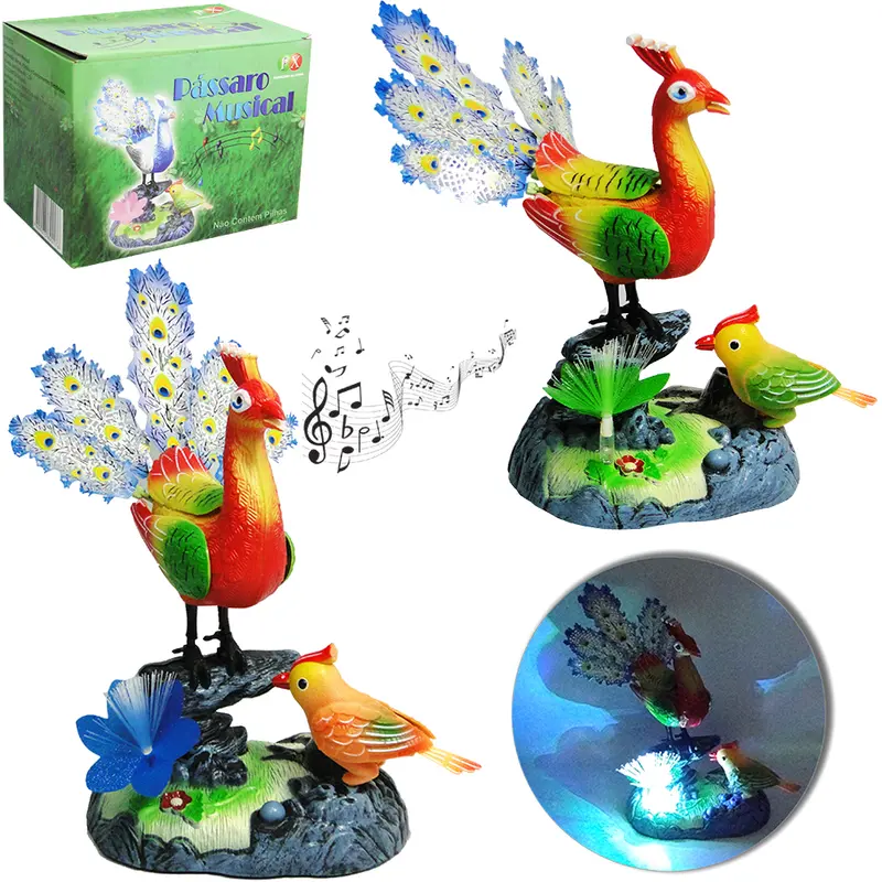 PASSARO MUSICAL PAVAO COM LUZ E MOVIMENTO A PILHA