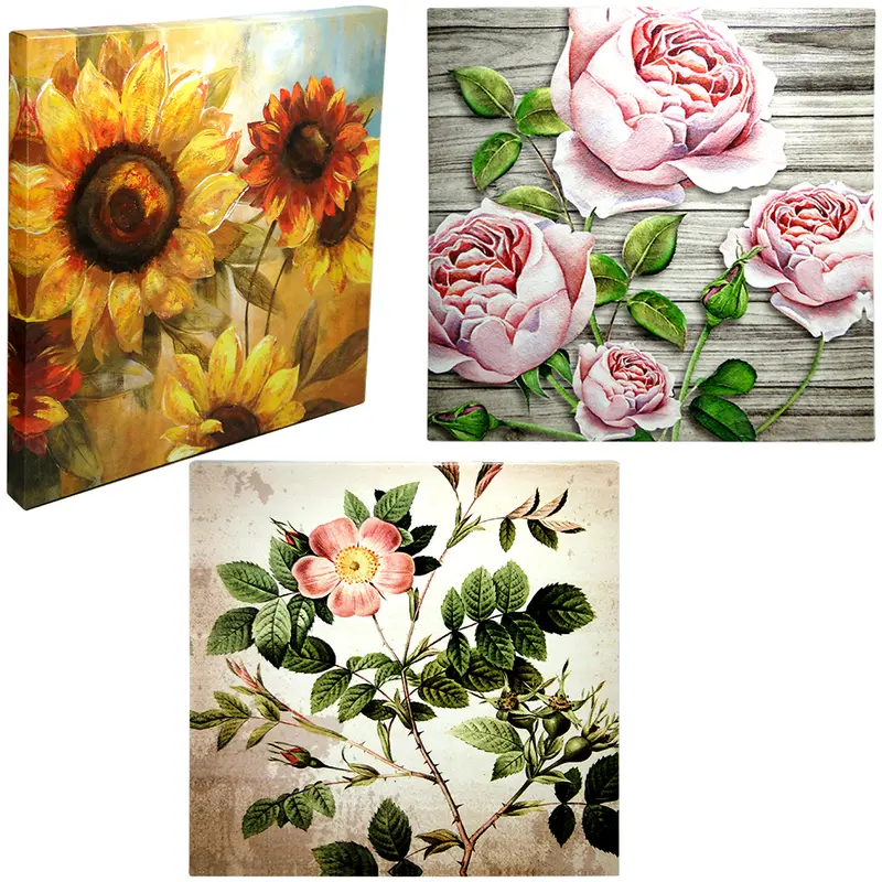 QUADRO DECORATIVO 30X30CM TELA CANVAS FLORES COM MOLDURA DE MADEIRA MDF