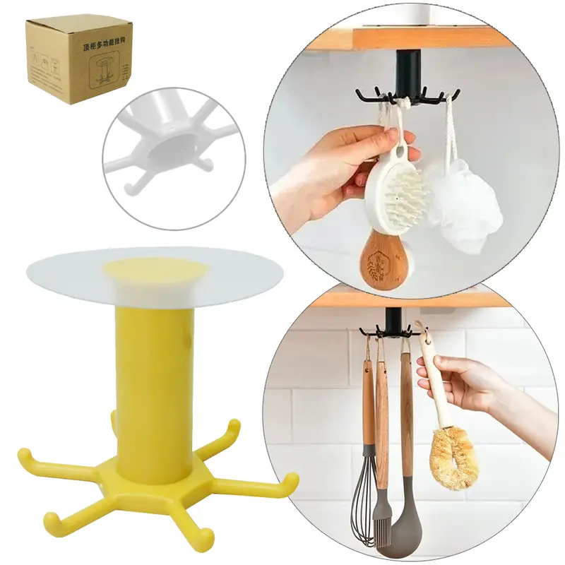 SUPORTE ORGANIZADOR DE PLASTICO PARA UTENSILIOS COM 6 GANCHOS GIRATORIO + AUTOADESIVO 7,5X7,5CM DE Ø
