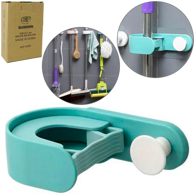 SUPORTE PORTA VASSOURA COM ENCAIXE + GANCHO DE PLASTICO AUTOADESIVO 12,5X8X6,5CM