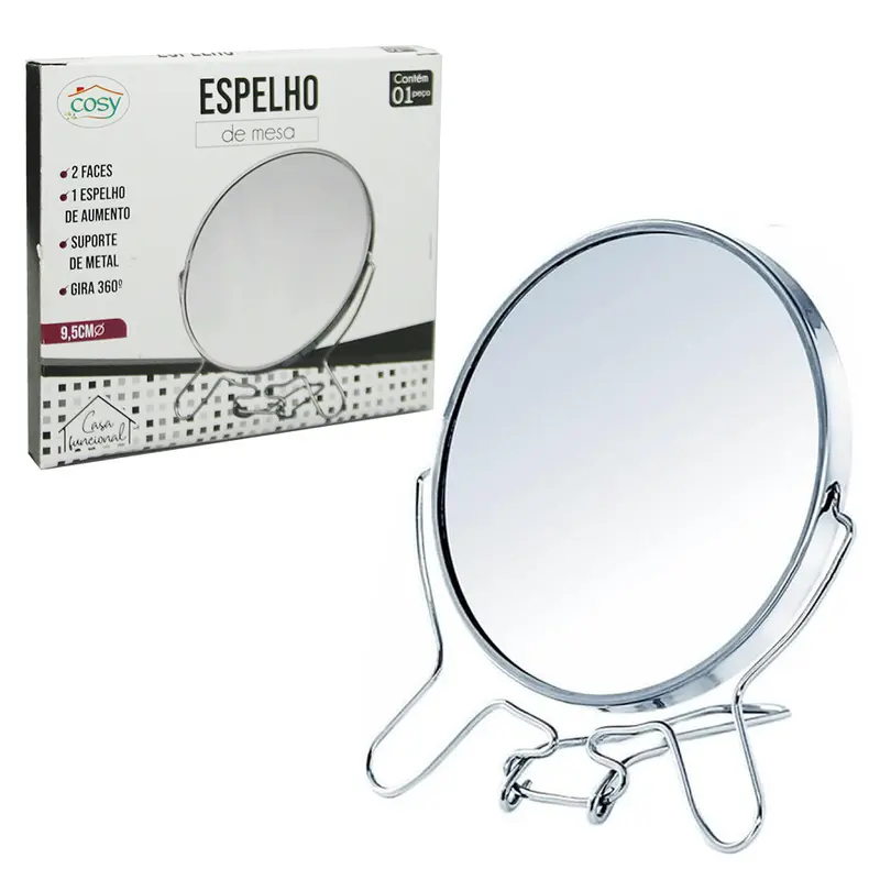 ESPELHO DE MESA REDONDO DUPLA FACE 3,5'' 9,5CM DE Ø COM PEDESTAL ARAMADO