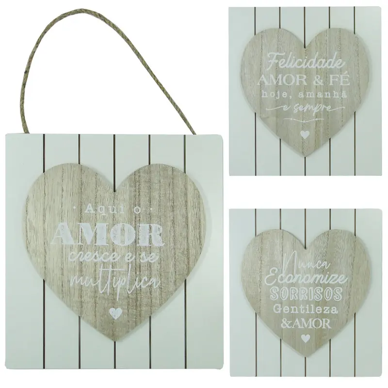 ENFEITE PLACA COM CORACAO DE MADEIRA FRASES PARA PENDURAR 23,8X21,3CM