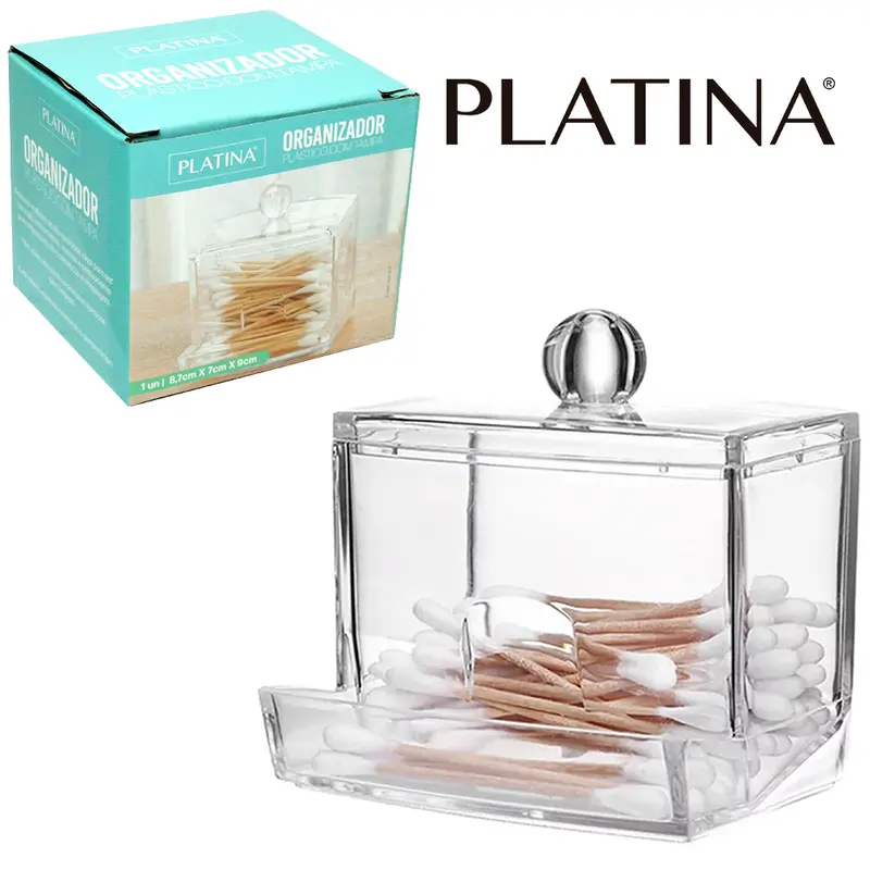 ORGANIZADOR PORTA COTONETE DE ACRILICO RETANGULAR PLATINA 9X8,7X7CM