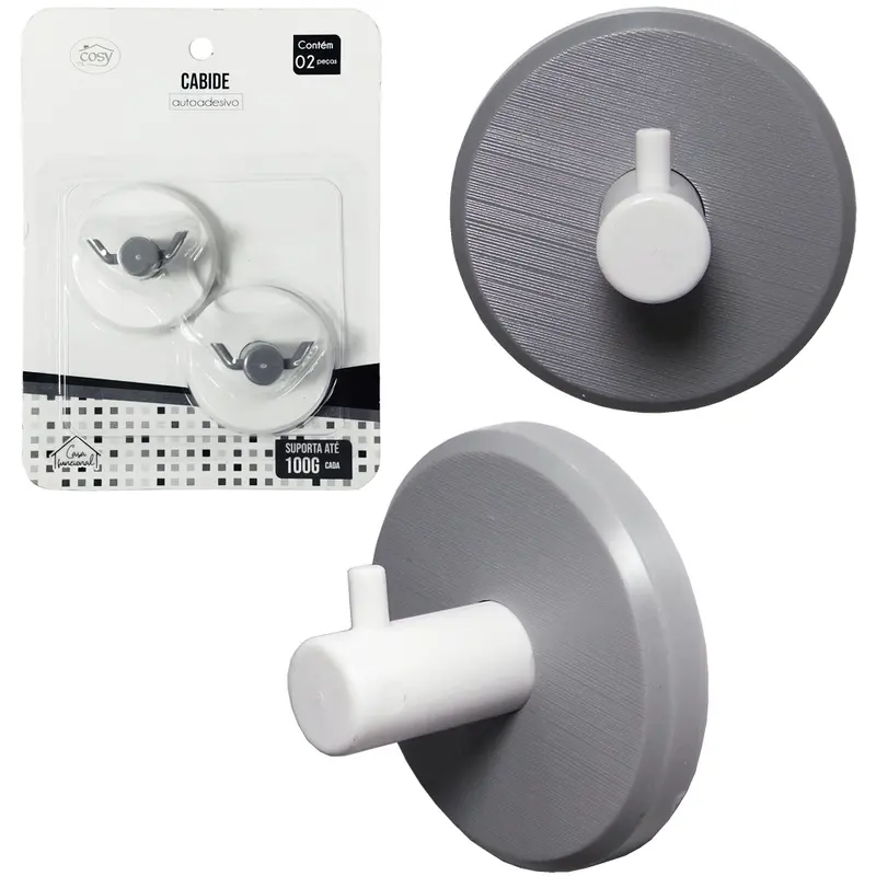 CABIDE GANCHO DE PLASTICO REDONDO AUTOADESIVO COM 2 PECAS 5CM DE Ø