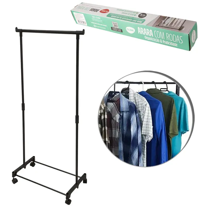 CABIDEIRO DE PISO METAL / PLASTICO ARARA COM 2 GANCHOS + BASE RODIZIO 130X65X34CM