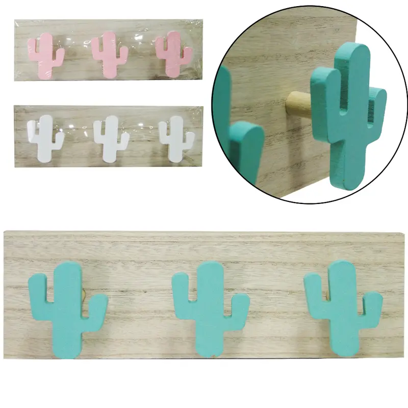 CABIDE GANCHO DE MADEIRA MDF CACTOS RETANGULAR COM 3 GANCHOS 30X10X4,5CM
