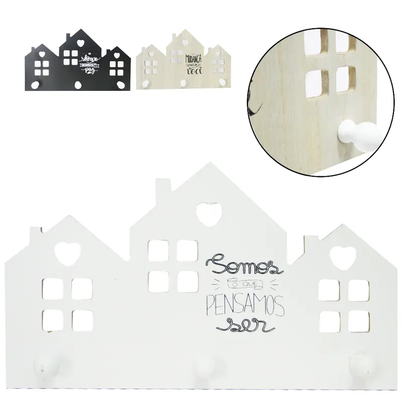PORTA CHAVE / CABIDEIRO DE MADEIRA MDF CASA COM 3 GANCHOS FRASES SORTIDAS 30X18CM