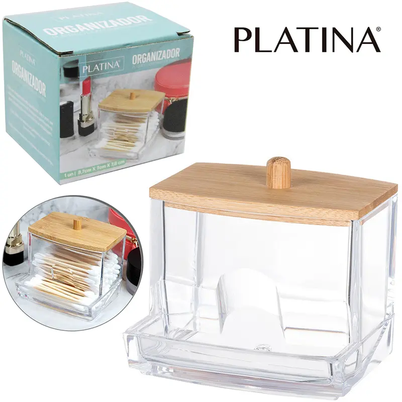 ORGANIZADOR PORTA COTONETE DE ACRILICO RETANGULAR COM TAMPA DE BAMBU PLATINA 8,7X7,8X7CM