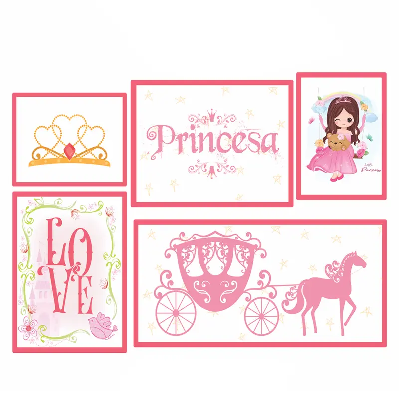 QUADRO DECORATIVO 58,5X37CM DE MADEIRA MDF PRINCESA 5 PECAS