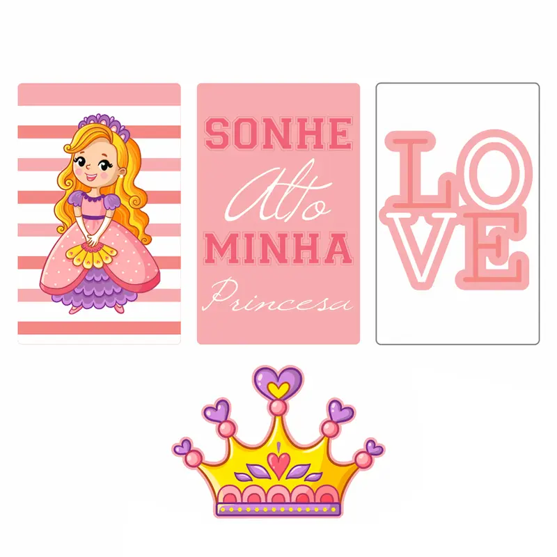 QUADRO DECORATIVO 58,5X37CM DE MADEIRA MDF PRINCESA / COROA / LOVE 4 PECAS