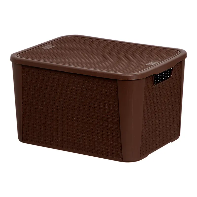 CESTO CAIXA ORGANIZADOR DE PLASTICO RETANGULAR RATTAN MARROM CAFE COM TAMPA E ALCA Nº3 38,5X28X19CM