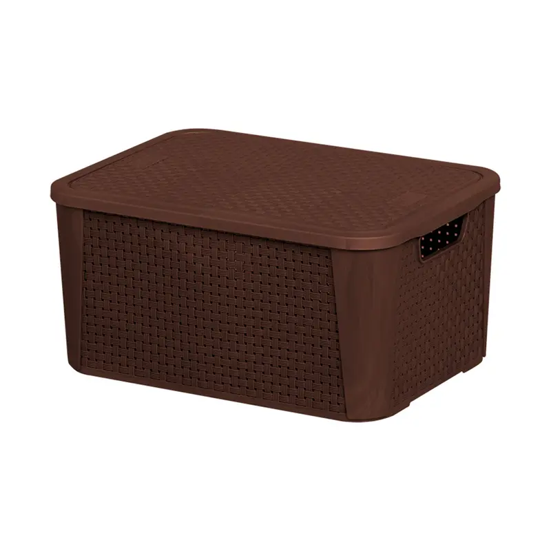 CESTO CAIXA ORGANIZADOR DE PLASTICO RETANGULAR RATTAN MARROM CAFE COM TAMPA E ALCA Nº2 32,5X22X15CM