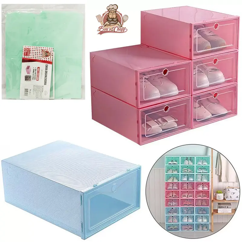 CAIXA ORGANIZADOR PARA SAPATOS / SAPATEIRA DE PLASTICO RETANGULAR EMPILHAVEL COM TAMPA 33X23X14CM