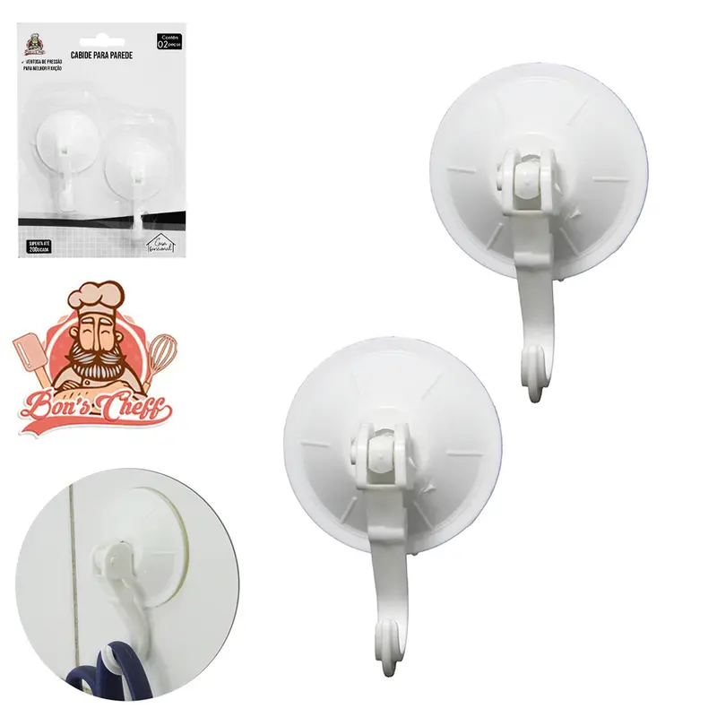 CABIDE GANCHO DE PLASTICO COM VENTOSA DE PRESSAO 2 PECAS 7X5CM DE Ø NA CARTELA