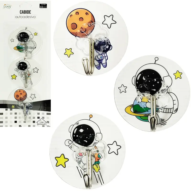 CABIDE GANCHO DE METAL ASTRONAUTA REDONDO AUTOADESIVO COM 3 PECAS 6CM DE Ø