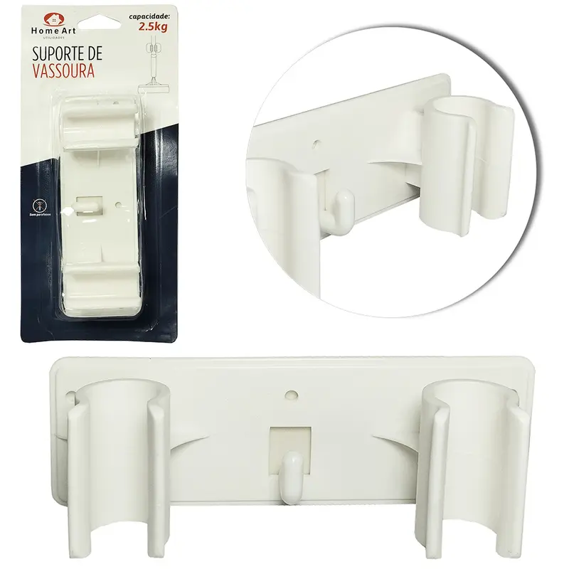 SUPORTE PORTA VASSOURA COM 2 ENCAIXES E 1 GANCHO DE PLASTICO 13X4,5X3,5CM