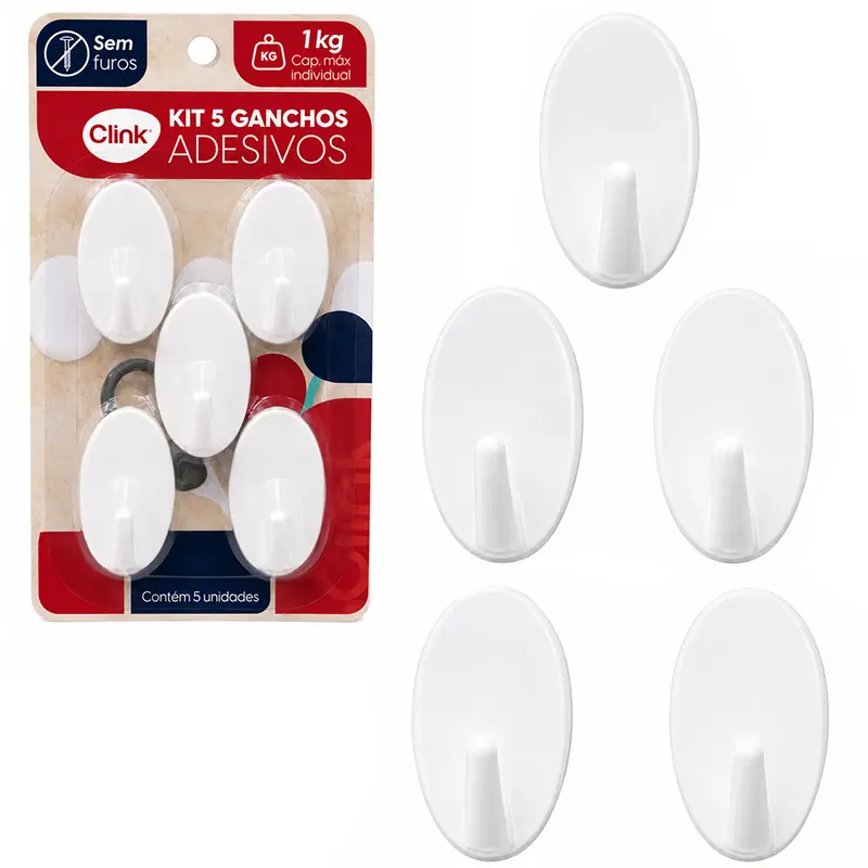 CABIDE GANCHO DE PLASTICO OVAL AUTOADESIVO COM 5 PECAS 5X2,5CM NA CARTELA