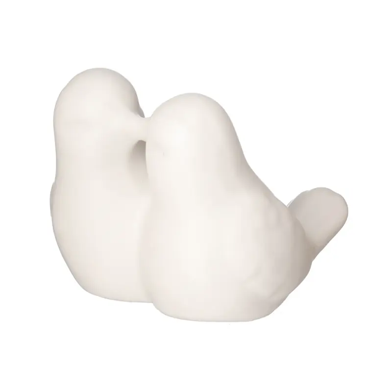 ENFEITE PASSARO CASAL BEIJO DE PORCELANA BRANCO 7X6X5,5CM