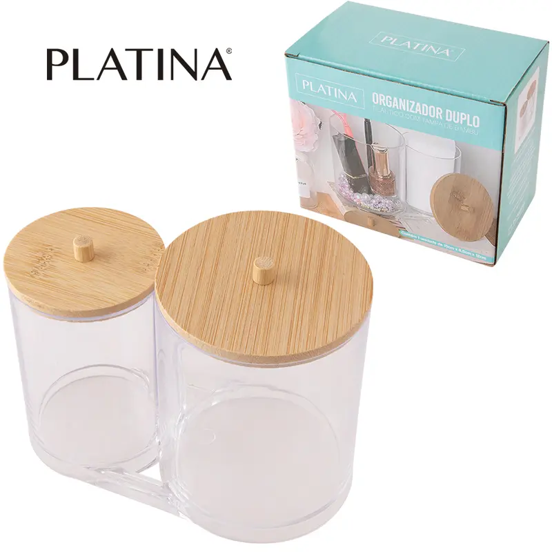 ORGANIZADOR PORTA ALGODAO E COTONETE DE ACRILICO DUPLO COM TAMPA DE BAMBU PLATINA 15X12X8,5CM