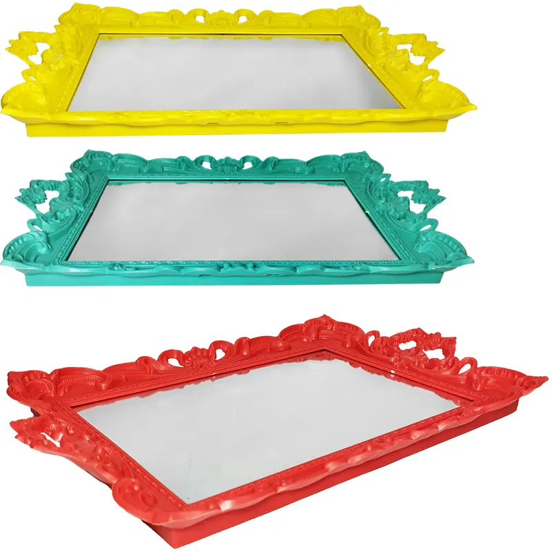 BANDEJA DE PLASTICO COM ESPELHO RETANGULAR MOLDURA COLONIAL E ALCA 41X26CM