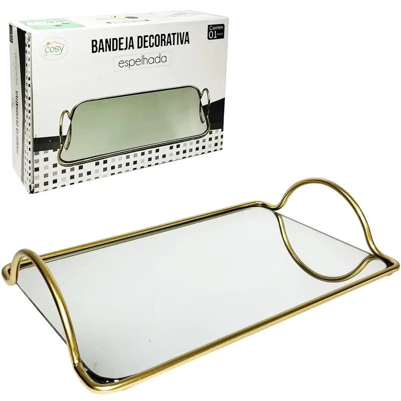 BANDEJA ARAMADO COM ESPELHO E ALCAS RETANGULAR DECORATIVA METALIZADO 25X16CM NA CAIXA
