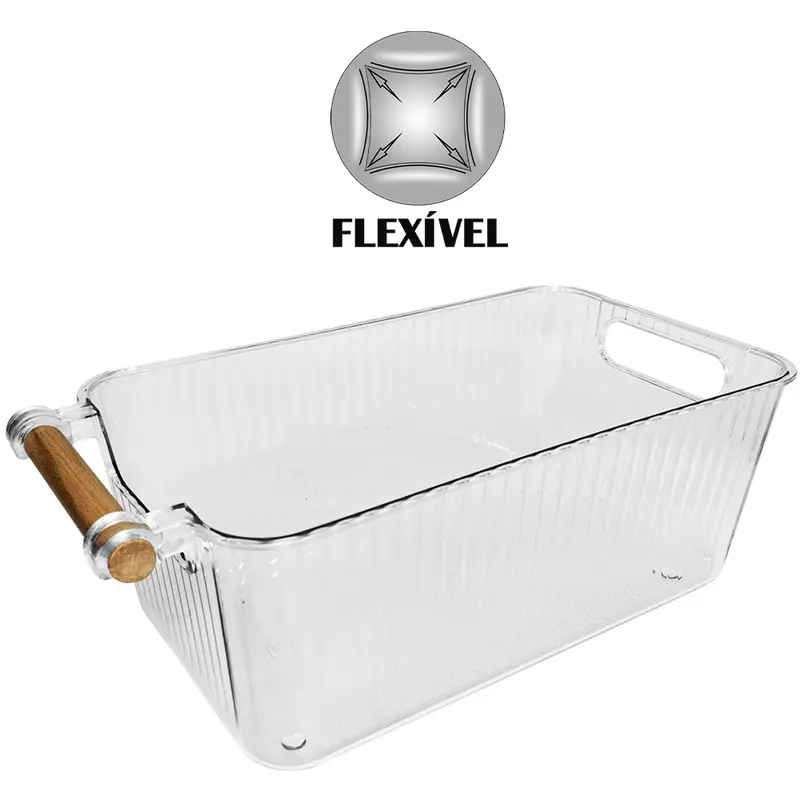 CAIXA ORGANIZADOR DE PLASTICO PET FLEXIVEL COM ALCA DE MADEIRA 31X17X11,2CM