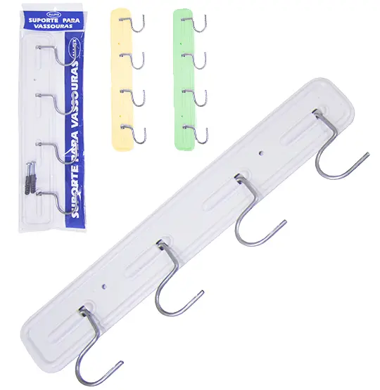 SUPORTE PORTA VASSOURA COM 4 ENCAIXES DE PLASTICO / METAL ALLFIX 33X8,5CM NA SOLAPA
