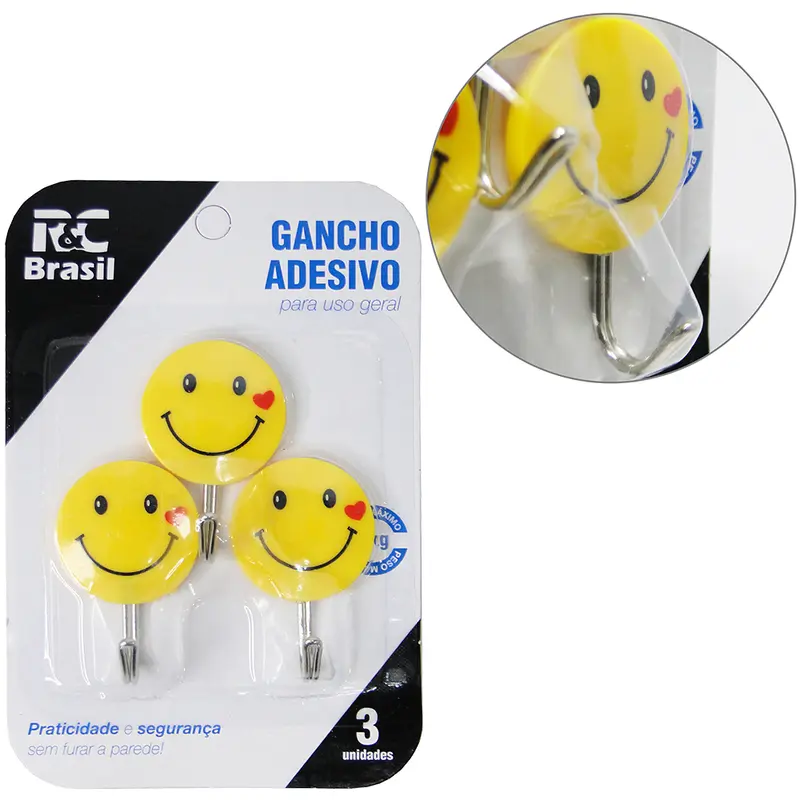 CABIDE GANCHO DE METAL EMOTICONS AUTOADESIVO COM 3 PECAS 5X3,5CM DE Ø NA CARTELA