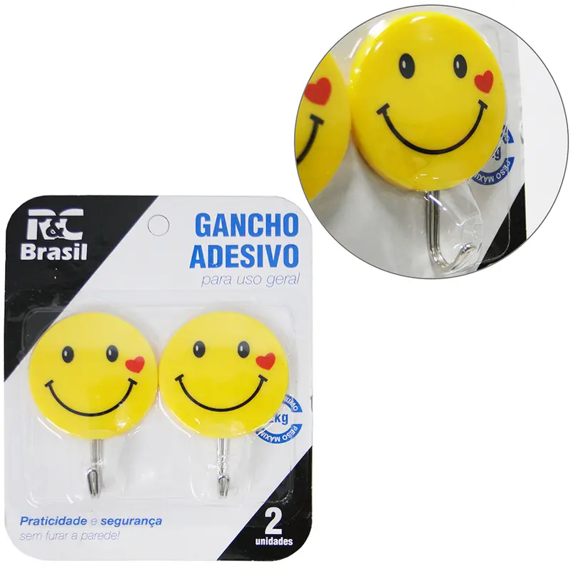 CABIDE GANCHO DE METAL EMOTICONS AUTOADESIVO COM 2 PECAS 7X5CM DE Ø NA CARTELA